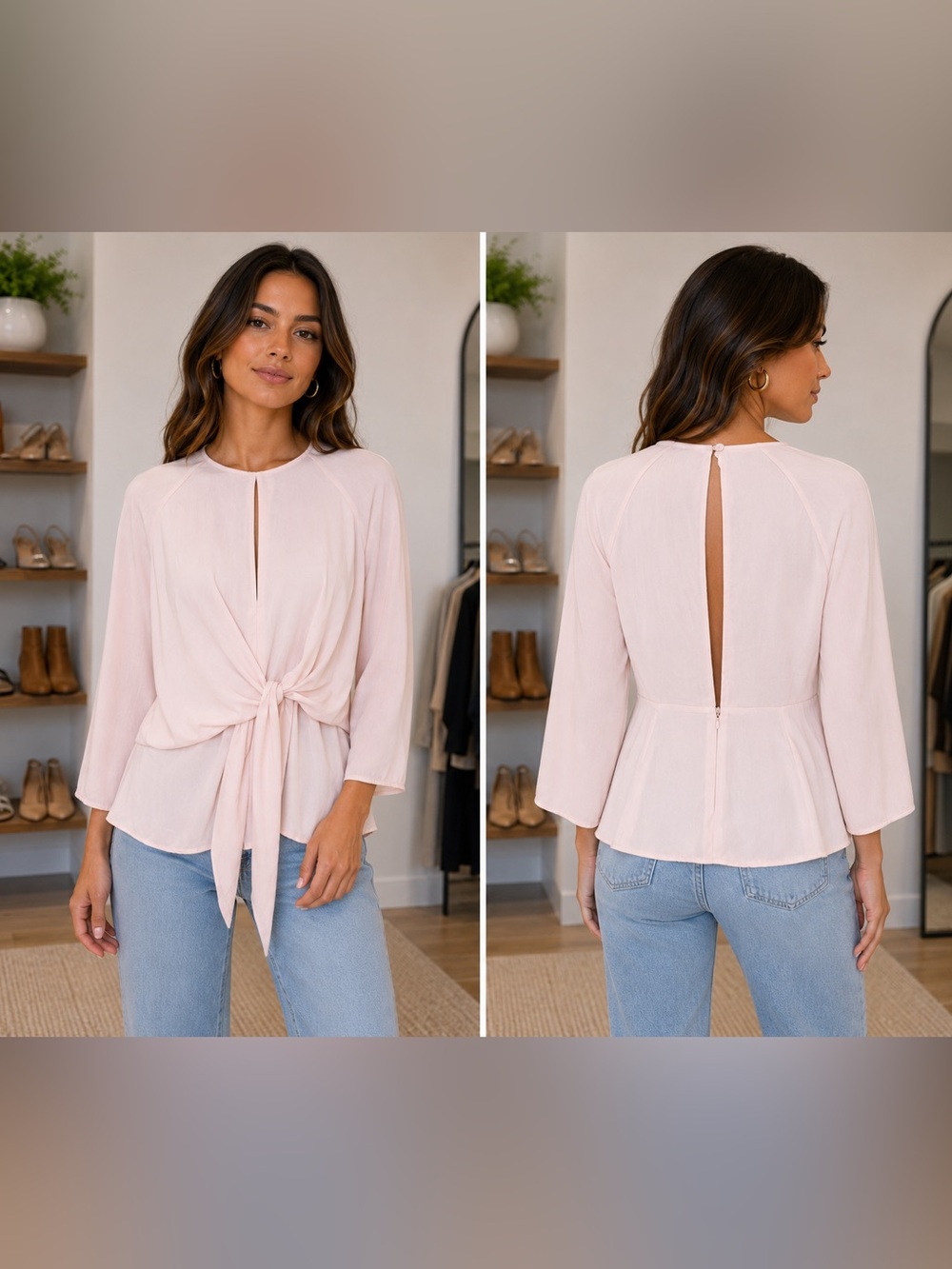 🆕🎉NWT Topshop Pale Blush Tie-Front Long Sleeve Blouse